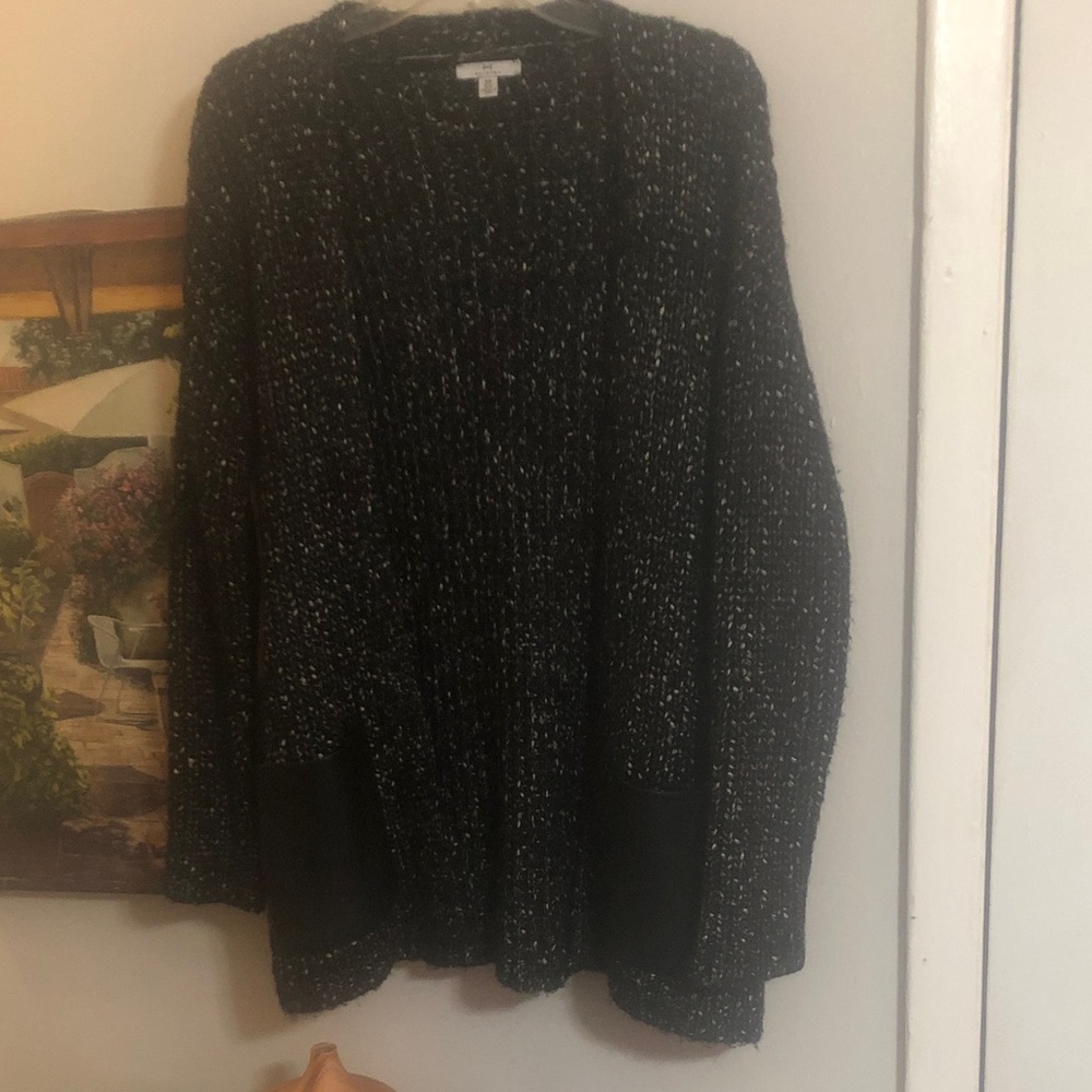 Halston H Black and White Speckled Open Cardigan with Black Faux Leather Pockets